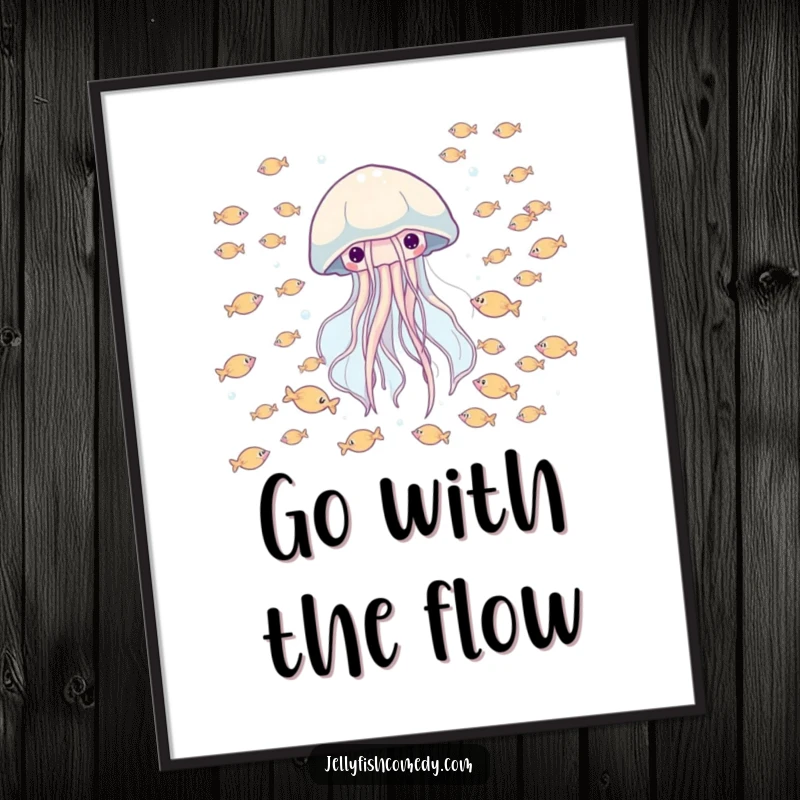 Funny Free Printable Wall Art of a happy jellyfish swimming through a school of tiny fish, adding underwater whimsy.