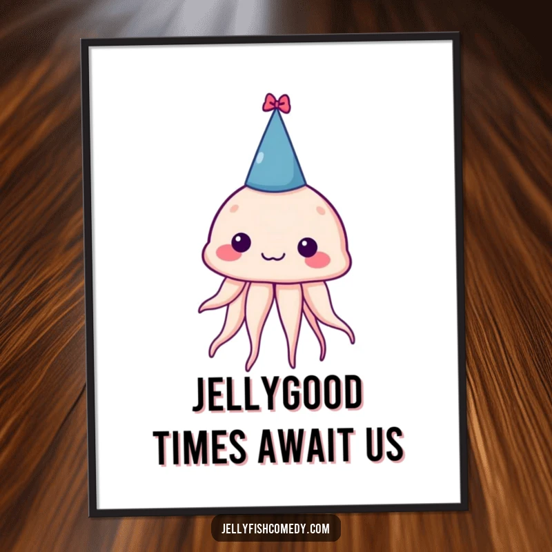 Funny Free Printable Wall Art: A silly jellyfish wearing a tiny party hat askew, bringing seaside humor to your decor.