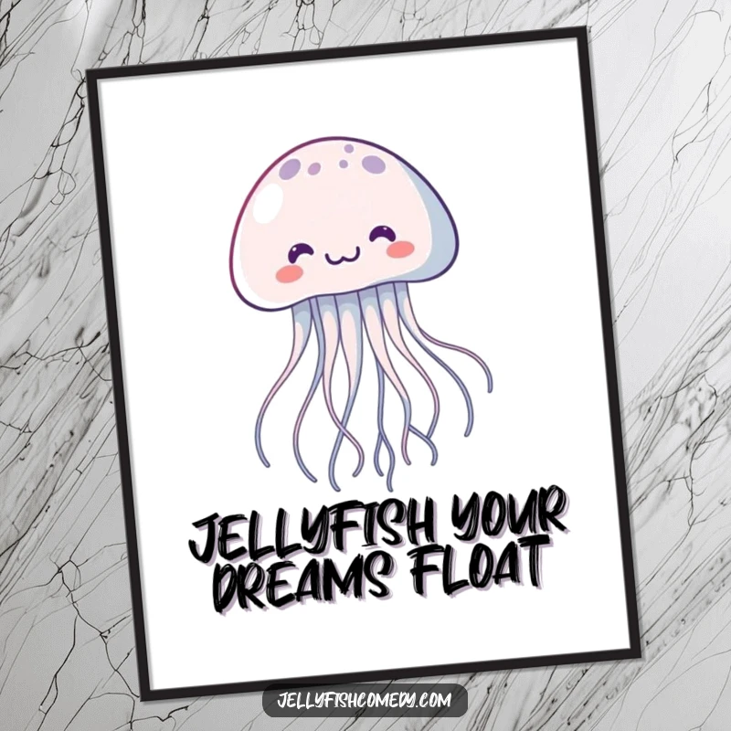 Funny Free Printable Wall Art: A kawaii jellyfish with long tentacles joyfully floating upwards, creating dreamy downloadable ocean decor.