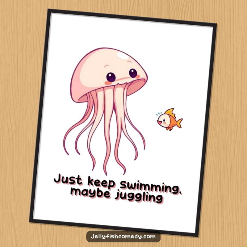 Funny free printable fish-tossing jellyfish wall art, mid-toss with a tiny fish soaring upwards, a humorous underwater scene.