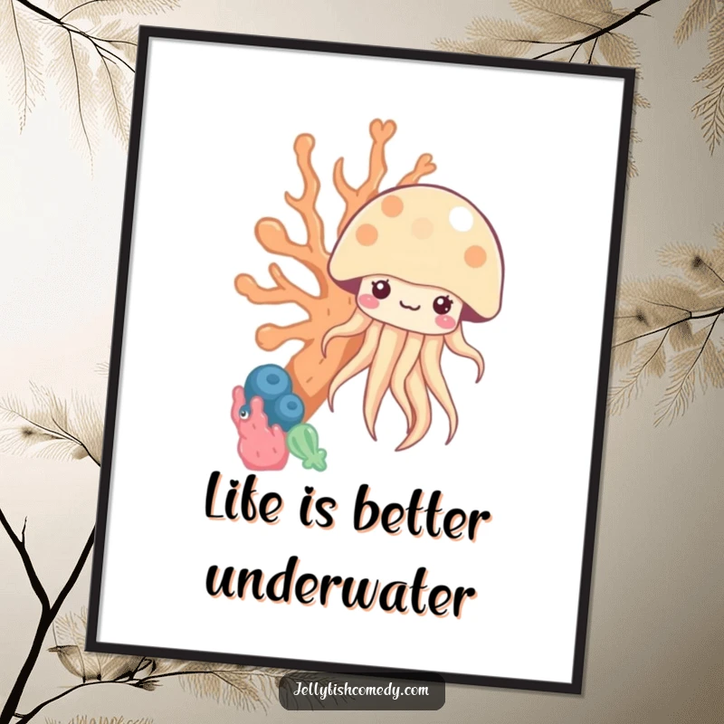 Funny free printable wall art: A shy kawaii jellyfish peeks from behind colorful coral, creating a charming and whimsical underwater scene.