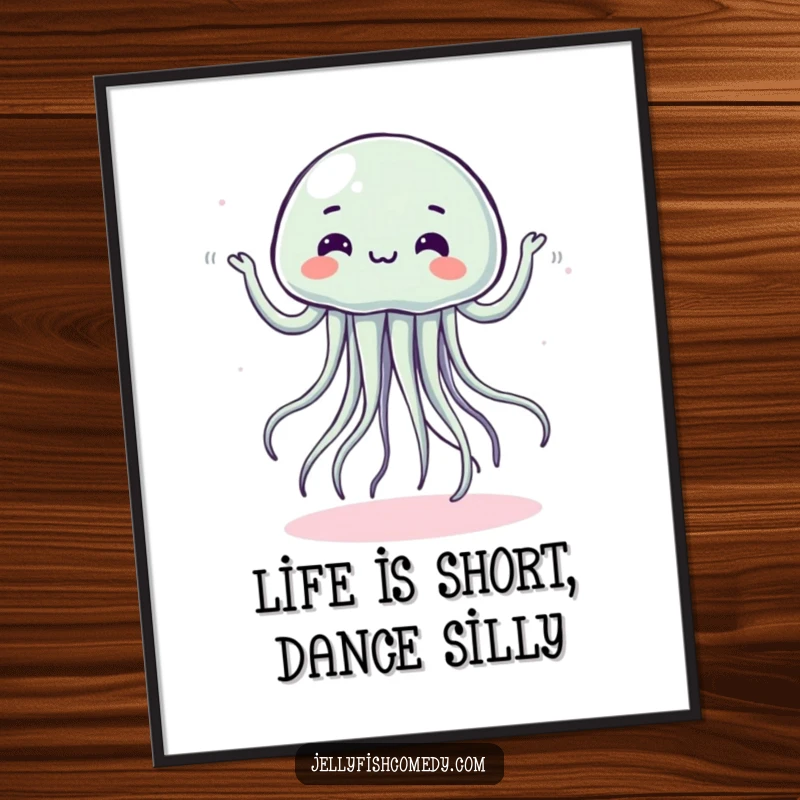 Funny free printable dancing jellyfish wall art, mid-silly dance with wobbly tentacles, a humorous underwater scene.