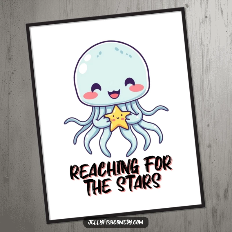 Funny Free Printable Wall Art of a happy, serene jellyfish gently holding a tiny, radiant star in its tentacles.