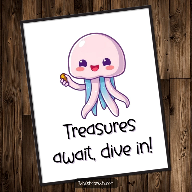 Funny Free Printable Wall Art: Excited Kawaii Jellyfish excitedly pointing towards a hidden treasure chest, brimming with joy.