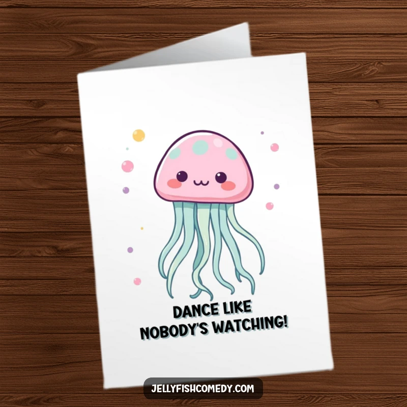 Funny free printable birthday card featuring a kawaii jellyfish with tentacles dancing energetically in a vibrant, lively pattern.