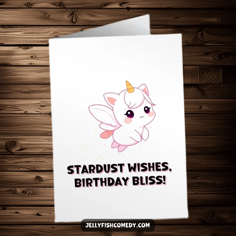 Funny Free Printable Birthday Card featuring a small, ethereal creature leaving a trail of sparkling stardust, perfect for a magical celebration.