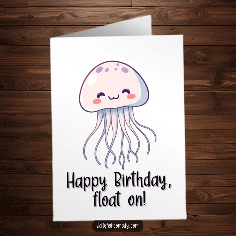 Funny Free Printable Birthday Card: Kawaii jellyfish with flowing tentacles joyfully floating upwards, a whimsical downloadable birthday wish.