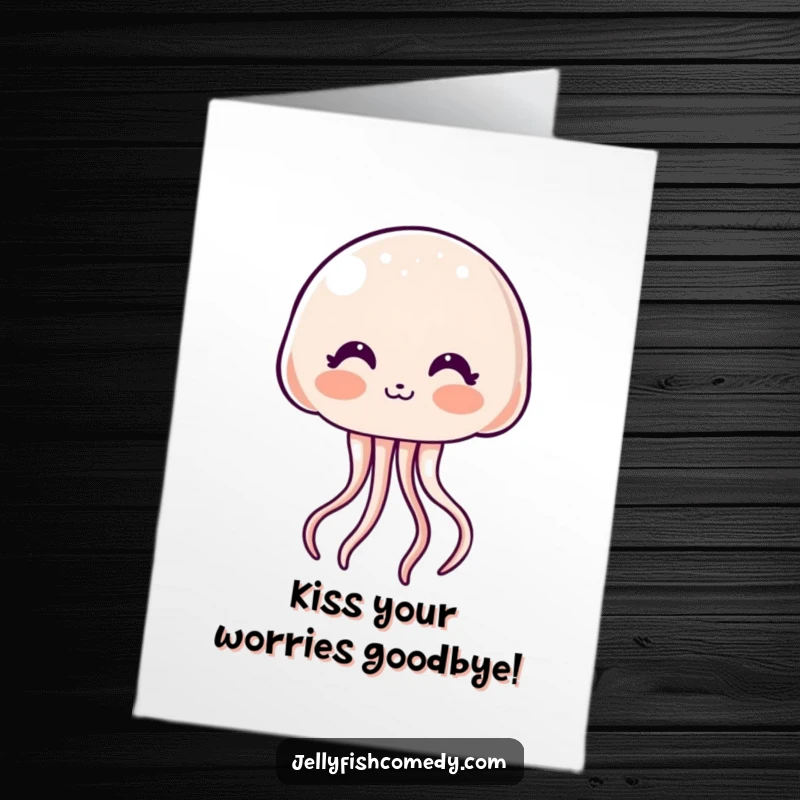 Free Printable Birthday Card of a kawaii jellyfish blushing shyly while blowing a sweet kiss.