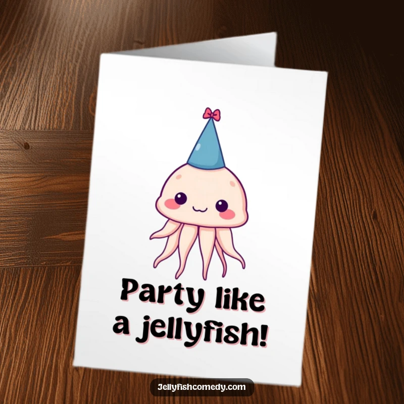 Funny Free Printable Birthday Card: Silly jellyfish in a party hat, ready to celebrate your special day with a giggle.