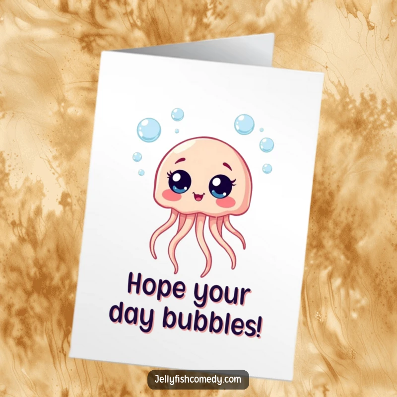 Funny Free Printable Birthday Card: A big-eyed jellyfish joyfully giggling amidst rising bubbles, perfect for a lighthearted greeting.