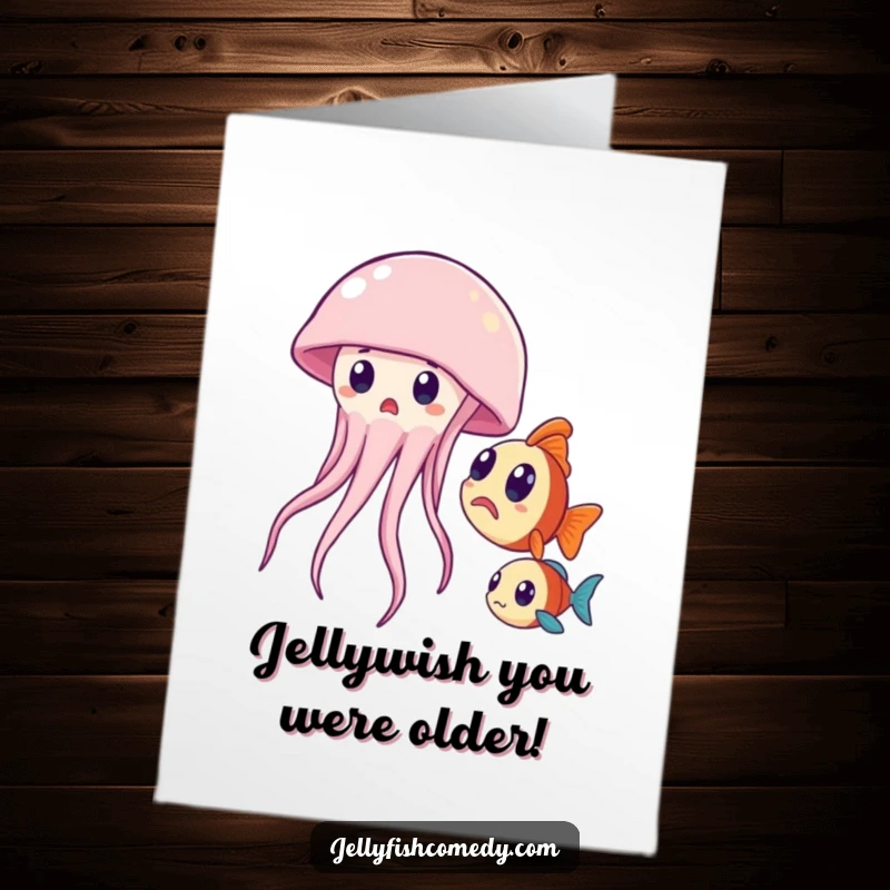 Funny Free Printable Birthday Card: Surprised jellyfish startled by a curious fish, perfect for a humorous DIY greeting.