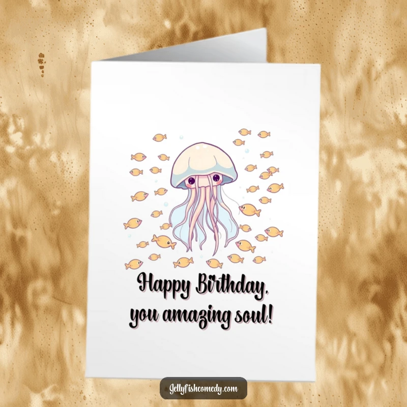 Funny Free Printable Birthday Card with a happy jellyfish drifting through a school of tiny, colorful fish, embodying fun.