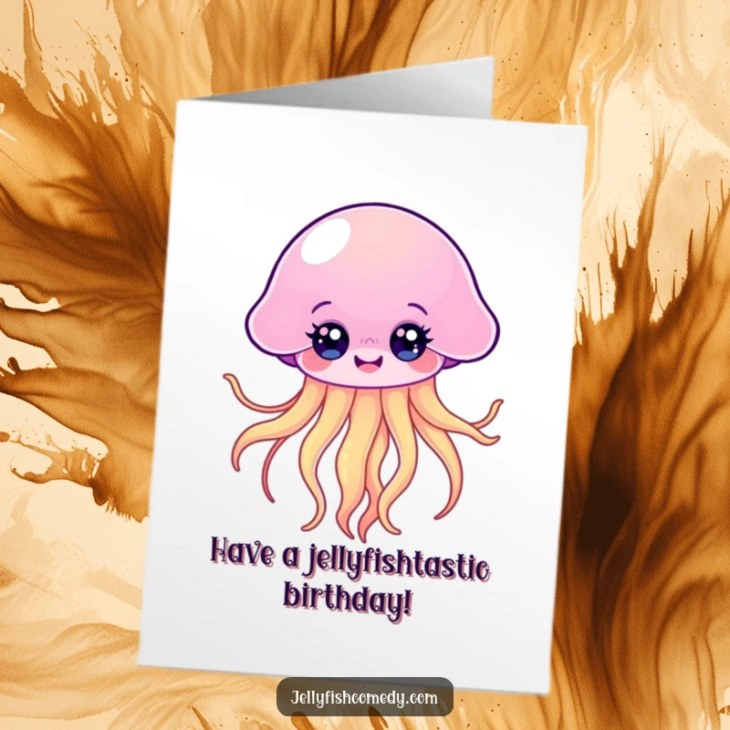 Funny free printable birthday card featuring a happy kawaii jellyfish with bright eyes, floating with flowing tentacles, wishing joy.