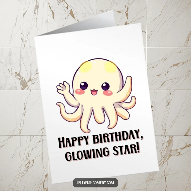 Funny Free Printable Birthday Card: A floating alien creature with glowing tentacles playfully waving hello, a unique and humorous design.