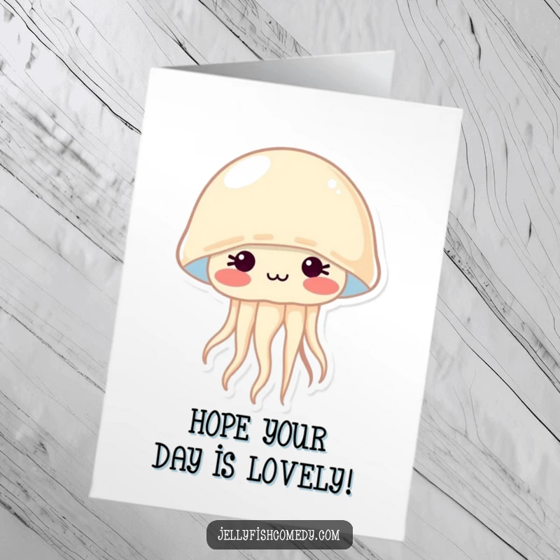 Free Printable Birthday Card: A shy jellyfish blushing deeply with rosy cheeks, offering a sweet and endearing birthday wish.