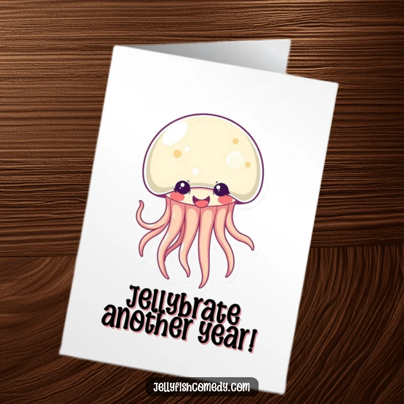 Funny Free Printable Birthday Card: A giggling Kawaii jellyfish wiggles tentacles gleefully, spreading birthday cheer for a downloadable gift.