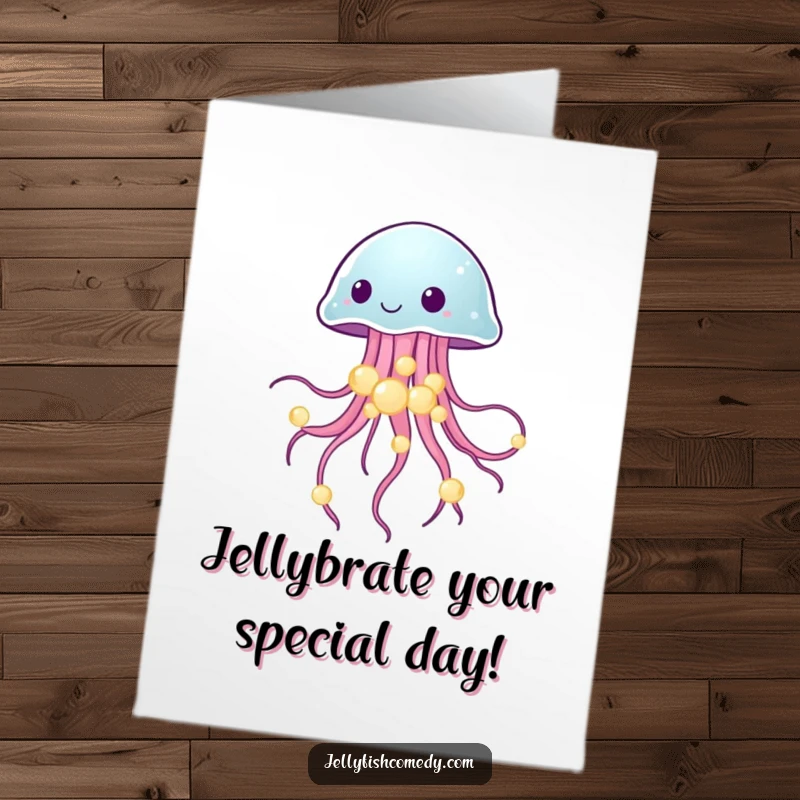 Funny Free Printable Birthday Card featuring a jellyfish elegantly balancing glowing sea pearls, celebrating a special day.