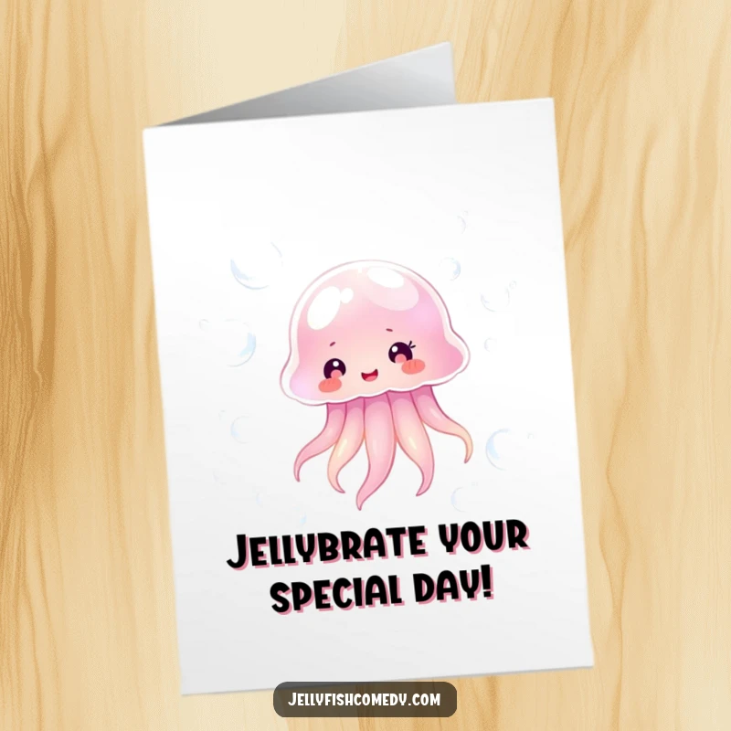 Free Printable Jellyfish Birthday Card featuring a happy transparent jellyfish floating joyfully amongst shimmering bubbles, a whimsical downloadable greeting.