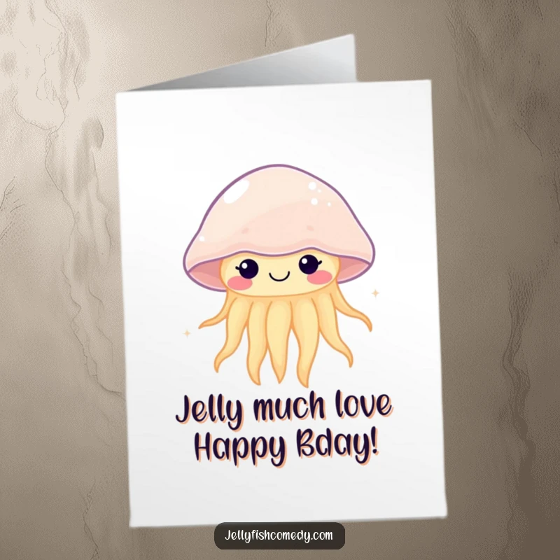 Funny Free Printable Birthday Card: A cute kawaii jellyfish with a beaming smile gently pulses with joy underwater.
