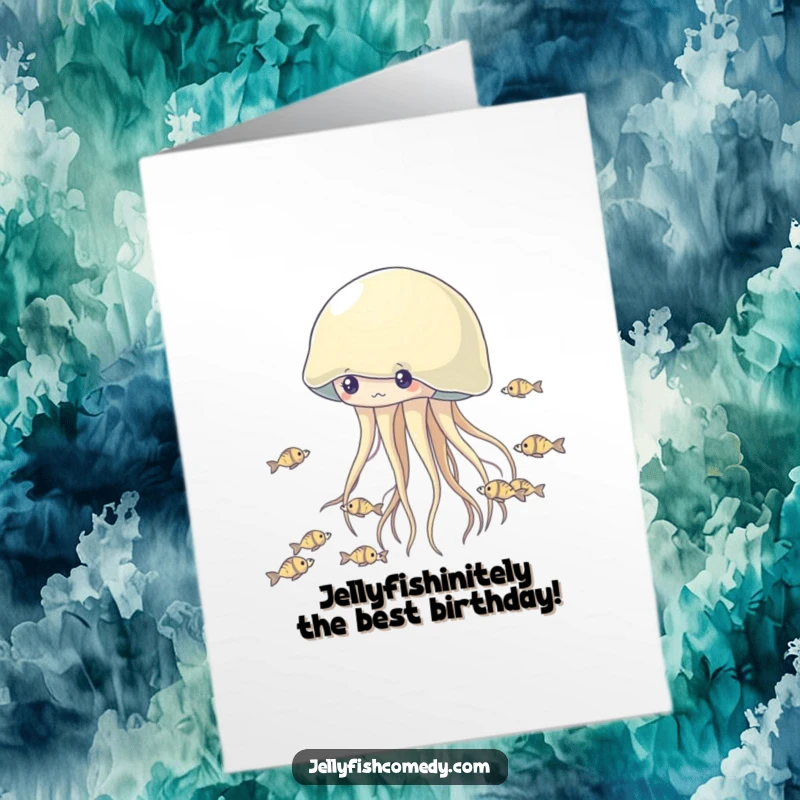 Funny Free Printable Birthday Card: Jellyfish playfully chasing tiny fish, perfect for a humorous downloadable greeting.