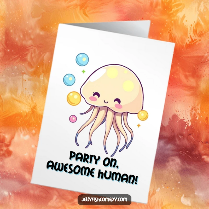 Funny free printable juggling jellyfish birthday card, tossing glowing orbs with a happy expression, a colorful downloadable greeting.