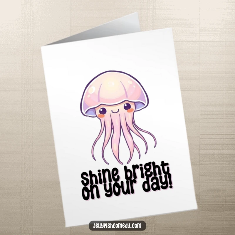 Funny Free Printable Birthday Card: A Kawaii jellyfish pulses with soft happy light, radiating birthday cheer for a downloadable gift.