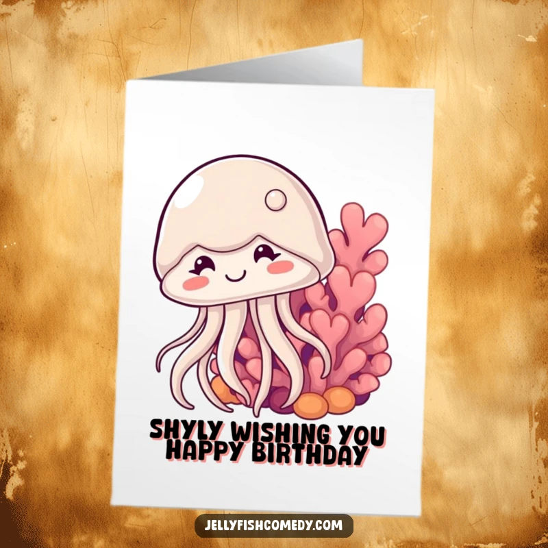 Free printable birthday card featuring a shy jellyfish with a gentle smile peeking from behind colorful coral, adorable and cute.