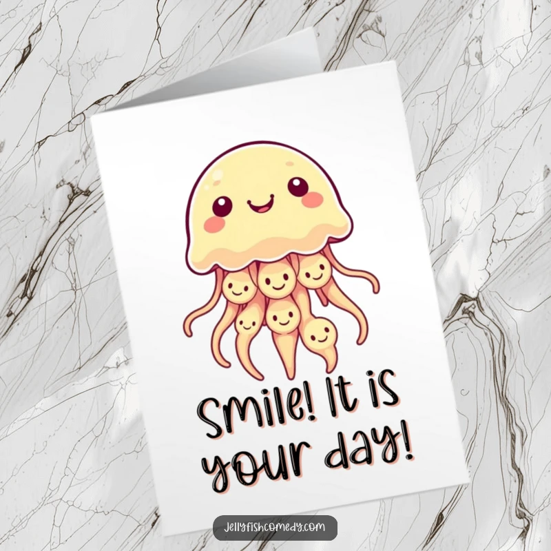 Funny free printable birthday card featuring a kawaii jellyfish whose bell is covered in multiple happy smiley faces.