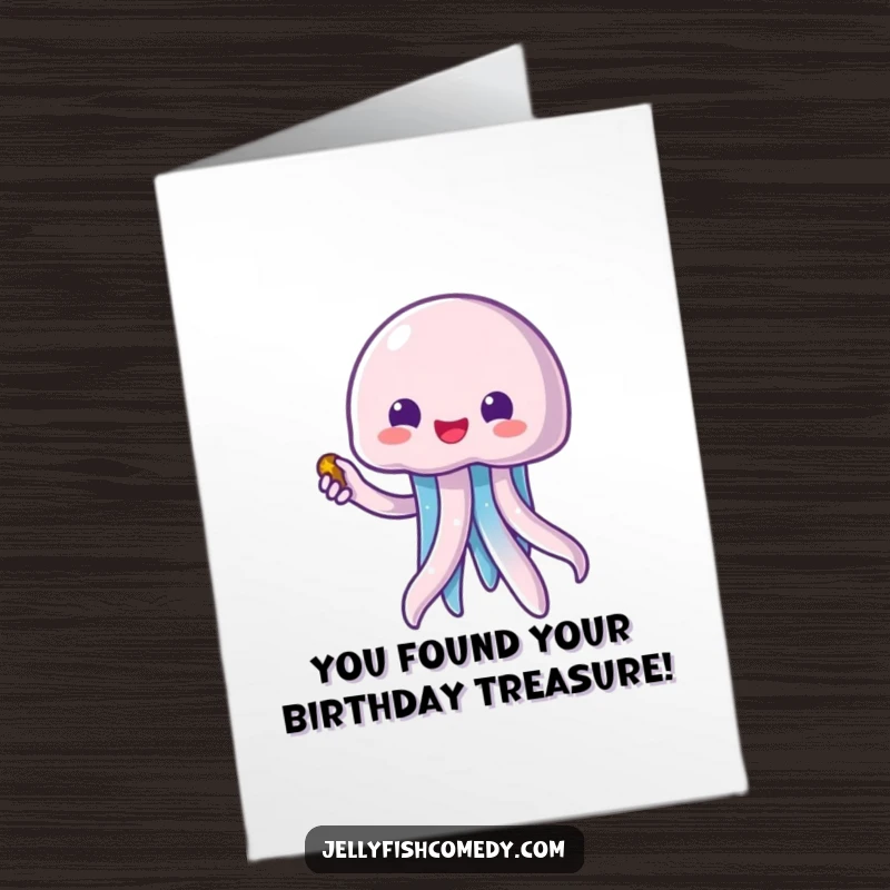 Funny Free Printable Birthday Card: Excited Kawaii Jellyfish points to a treasure map, ready for birthday adventures.