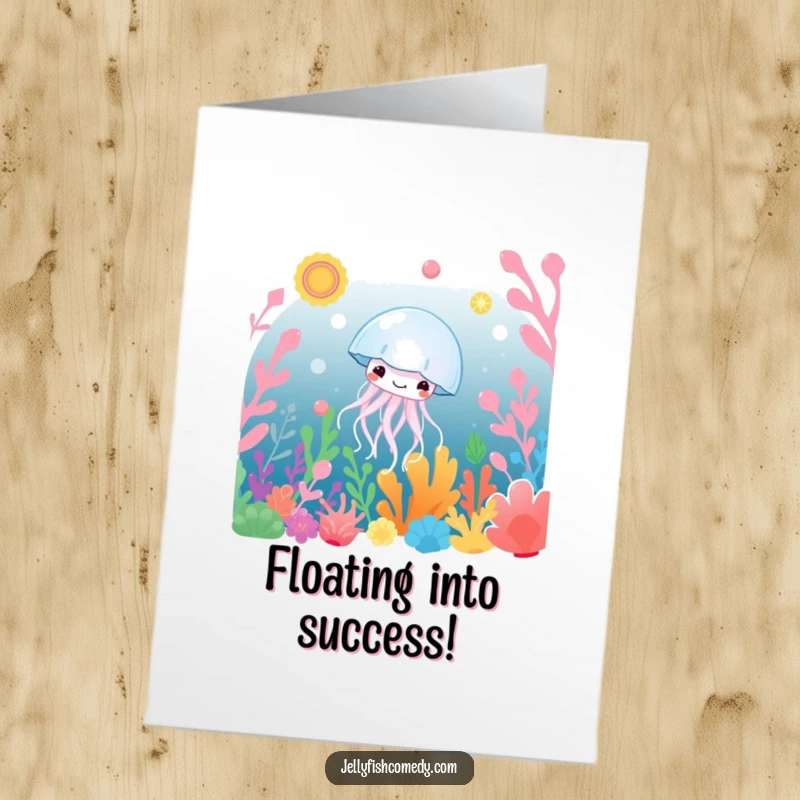 Free Printable Congratulations Card featuring a joyful jellyfish gracefully drifting through a colorful, vibrant underwater plant garden.