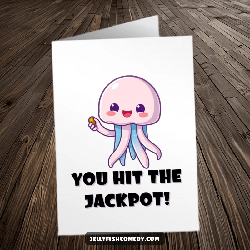 Funny Free Printable Congratulations Card: Excited Kawaii Jellyfish joyfully pointing at a sparkling treasure, celebrating success.