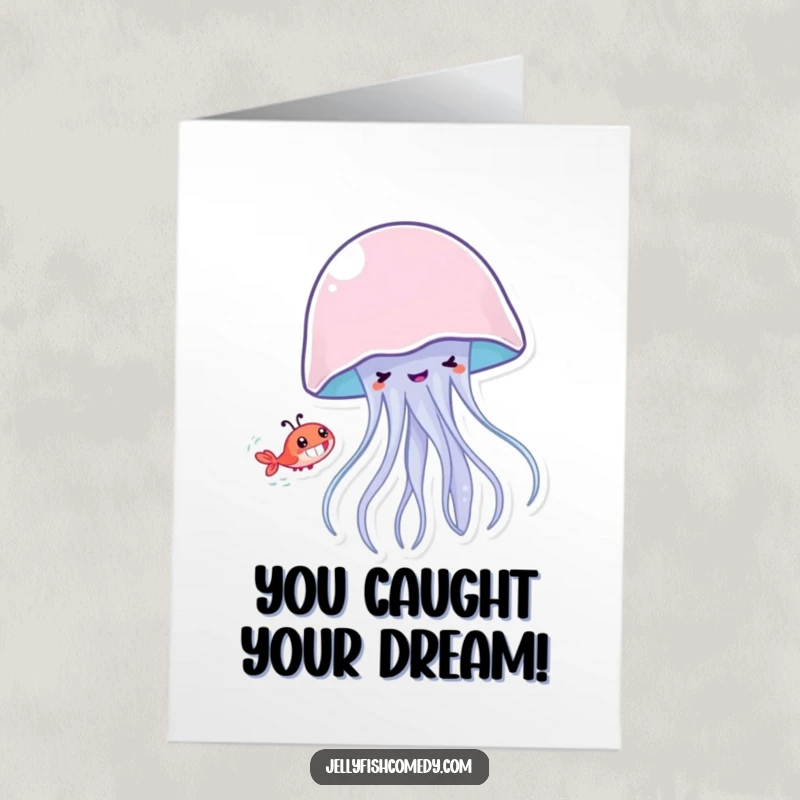 Funny Free Printable Congratulations Card: A grinning Jellyfish playfully chases a tiny shrimp, celebrating a successful pursuit.
