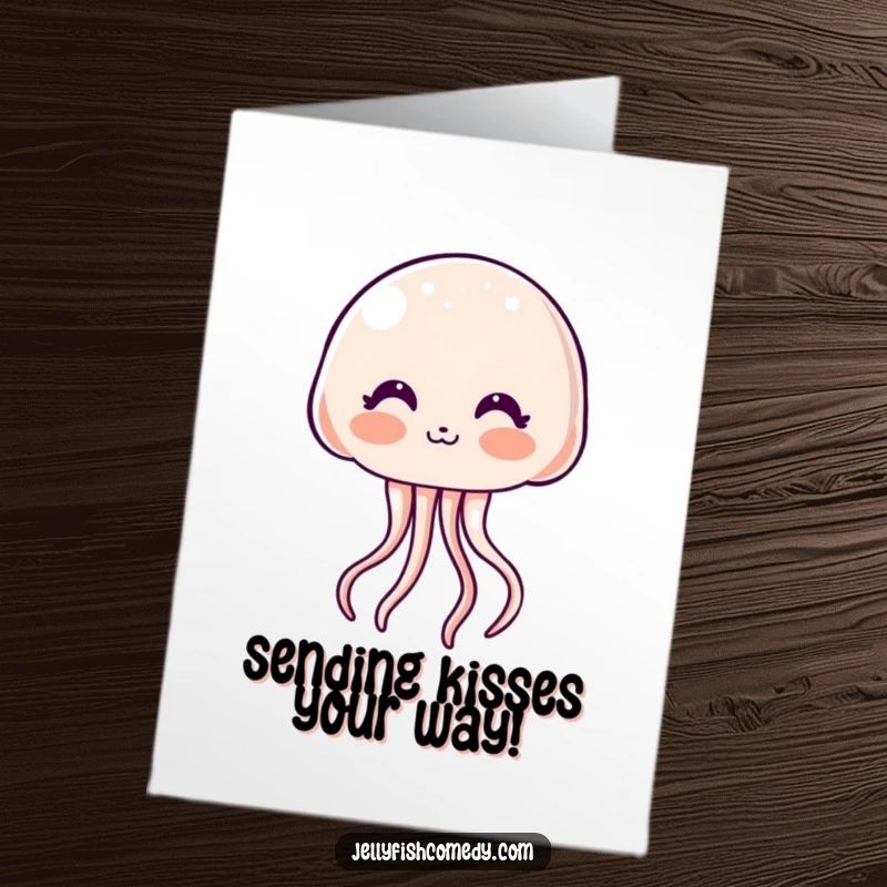 Free Printable Congratulations Card featuring a kawaii jellyfish with a shy blush, sending a cute kiss.