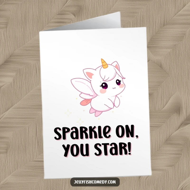 Funny Free Printable Congratulations Card showing a tiny, magical creature trailing sparkling stardust, celebrating a big win.