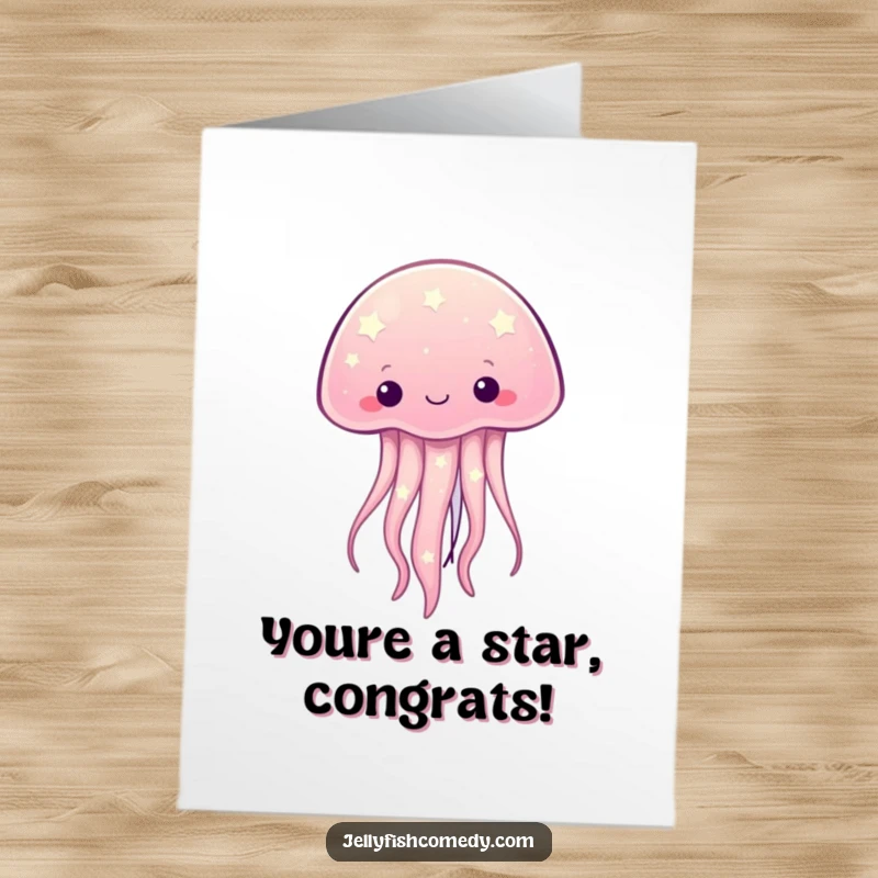 Funny free printable congratulations card: A twinkling starry kawaii jellyfish floats gracefully, celebrating an outstanding achievement with celestial flair.