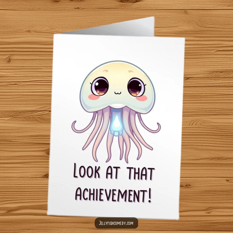 Free Printable Congratulations Card showing a curious jellyfish observing a tiny glowing plankton, a downloadable message of wonder and achievement.