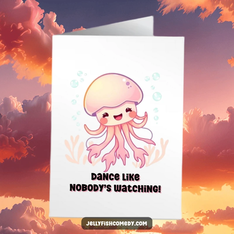 Funny Free Printable Congrats Card depicting a gleeful jellyfish dancing joyfully amongst bubbles, celebrating success with infectious energy.