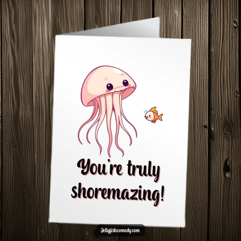 Funny free printable fish-tossing jellyfish congratulation card, tossing a small fish into the air, a unique downloadable message.