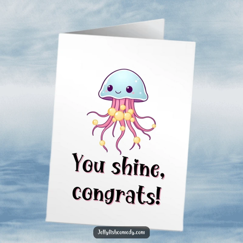 Funny Free Printable Congratulations Card depicting a jellyfish balancing glowing sea pearls, celebrating a wonderful achievement.