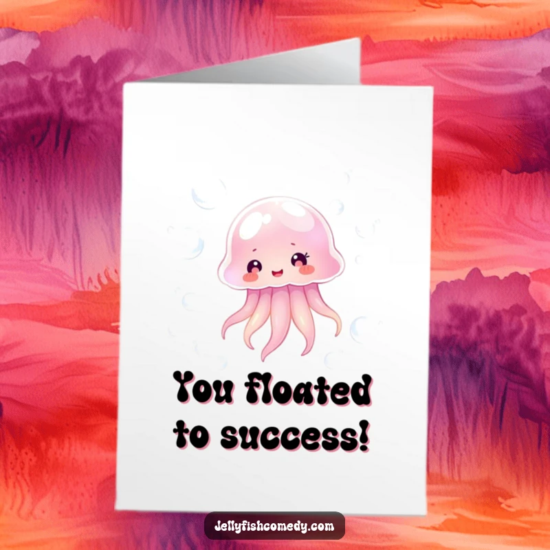 Free Printable Jellyfish Congratulations Card, showing a happy transparent jellyfish surrounded by shimmering bubbles, a delightful downloadable message.