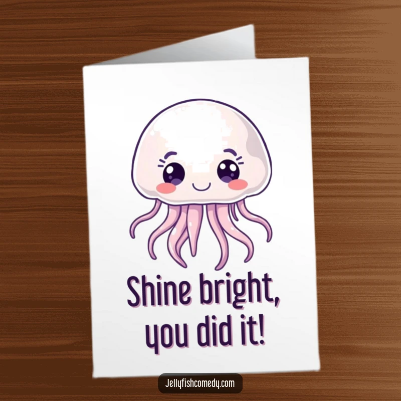 Funny Free Printable Congrats Card showing a joyful jellyfish with wide, curious eyes, floating with excitement to celebrate achievements.