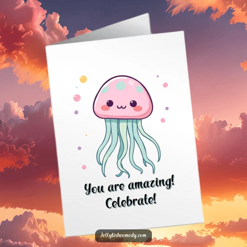 Funny free printable congratulations card showing a kawaii jellyfish whose tentacles are dancing in a lively, celebratory pattern.