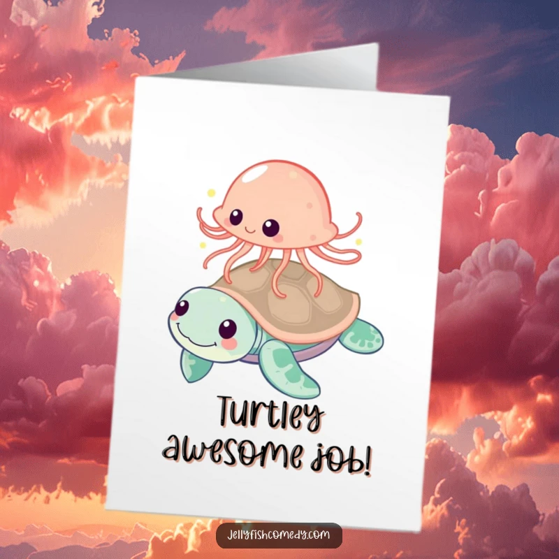 Free Printable Congratulations Card featuring a playful jellyfish bouncing off a friendly sea turtle, a cheerful downloadable message for any success.