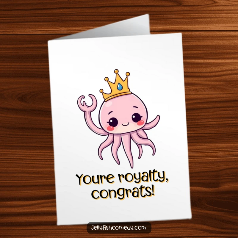 Funny Free Printable Congratulations Card: A jellyfish in a crown waves a tentacle, bestowing royal congratulations.