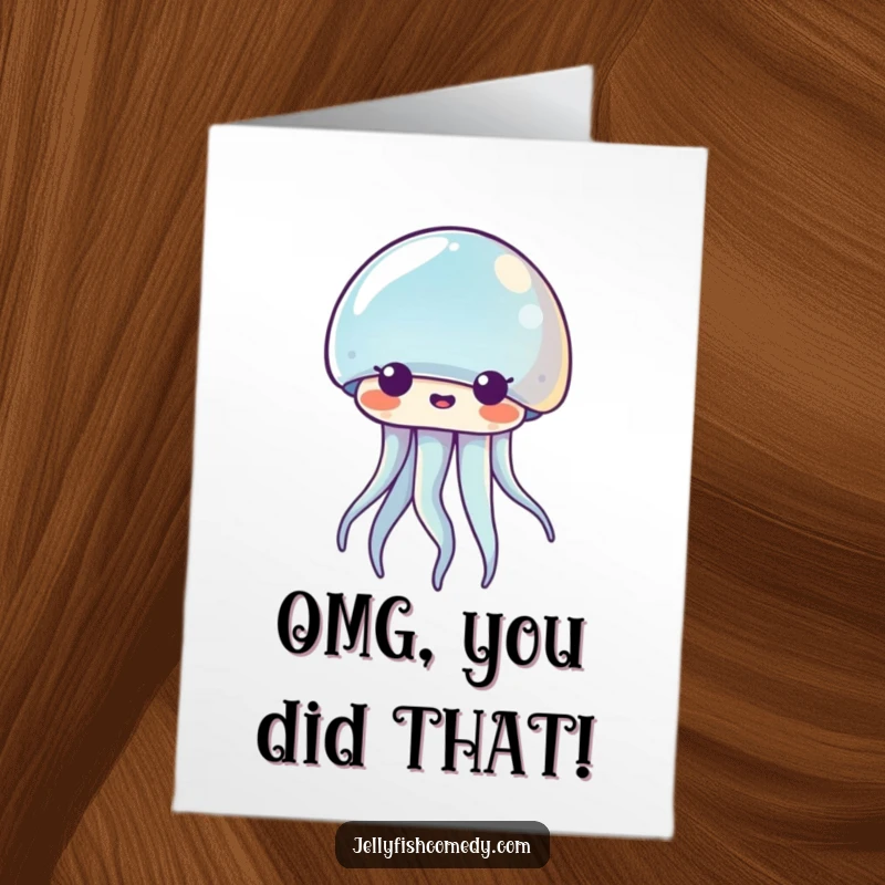 Funny Free Printable Congrats Card: A Kawaii jellyfish with a surprised expression, eyes wide, perfect for celebratory downloadable art.