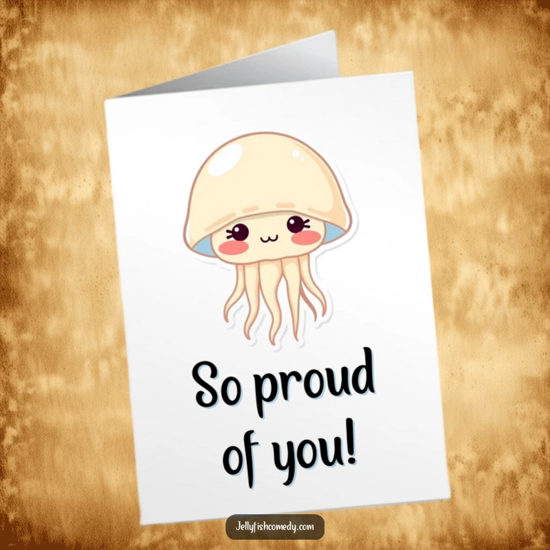 Free Printable Congratulations Card: A shy jellyfish blushing with rosy cheeks, celebrating achievements with gentle warmth.
