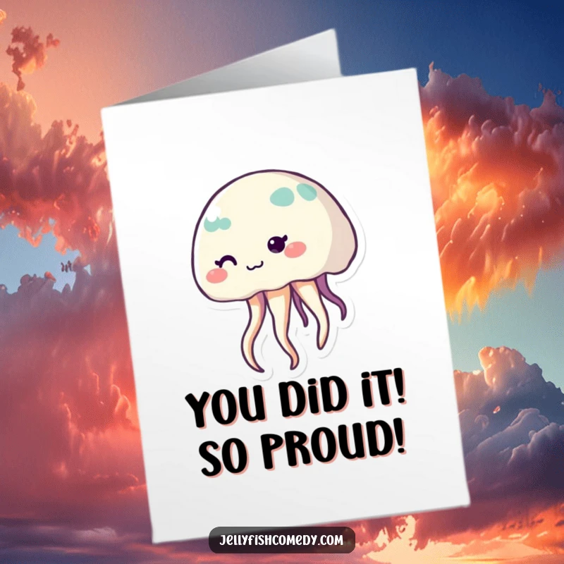 Funny Free Printable Congrats Card showing a shy jellyfish with a gentle smile and waving tentacles, celebrating success with sweetness.