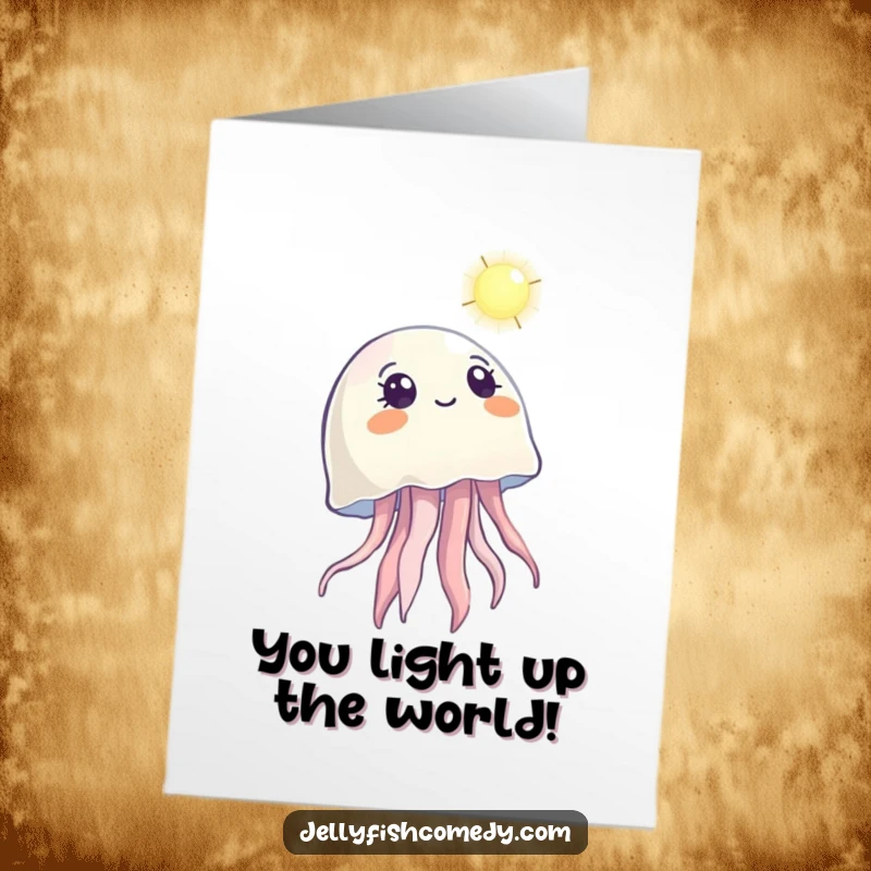 Funny Free Printable Congratulations Card showing a jellyfish gazing with wonder at a distant light, celebrating new beginnings.