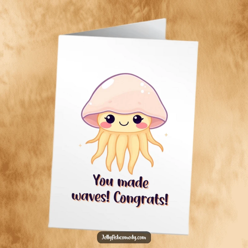 Funny Free Printable Congratulations Card: A joyful kawaii jellyfish with a happy face pulses gracefully in celebration.