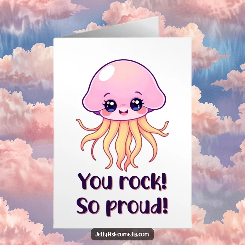 Funny free printable congratulations card with a happy kawaii jellyfish, bright eyes, and flowing tentacles, celebrating achievement.